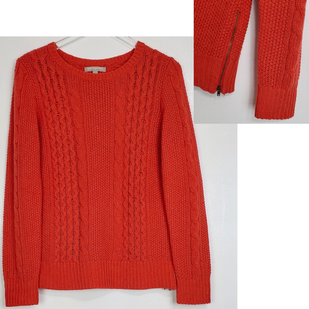 Banana Republic medium wool blend cable knit sweater orange pullover zip classic